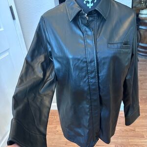 Black Faux Leather Shirt Jacket by Catelle